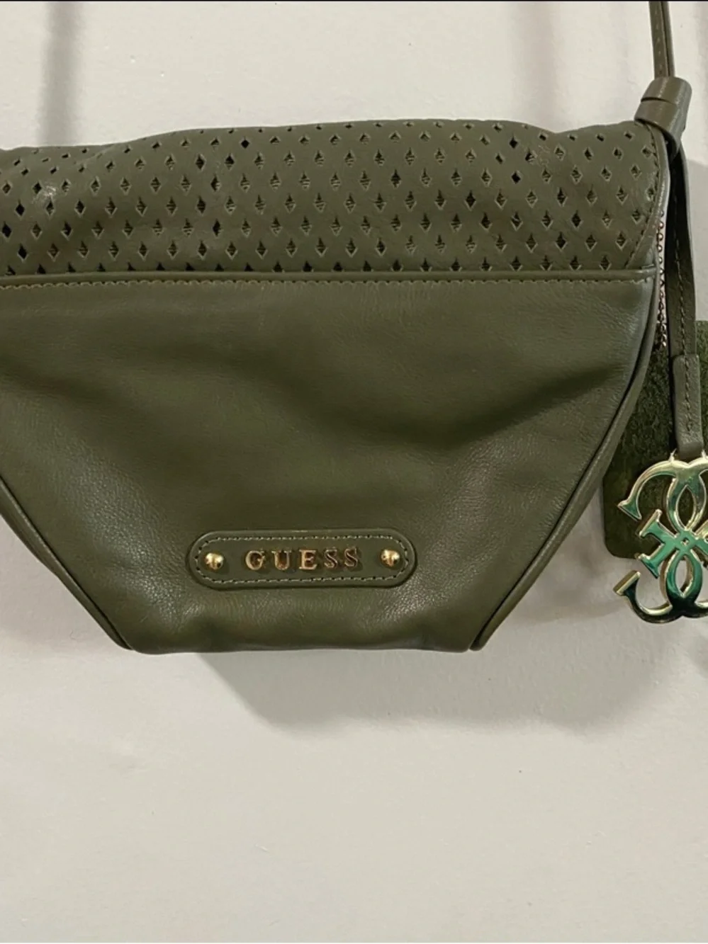 GUESS Olive Green Genuine Leather Laser-Cut Crossbody Bag with‎ Gold Hardwear